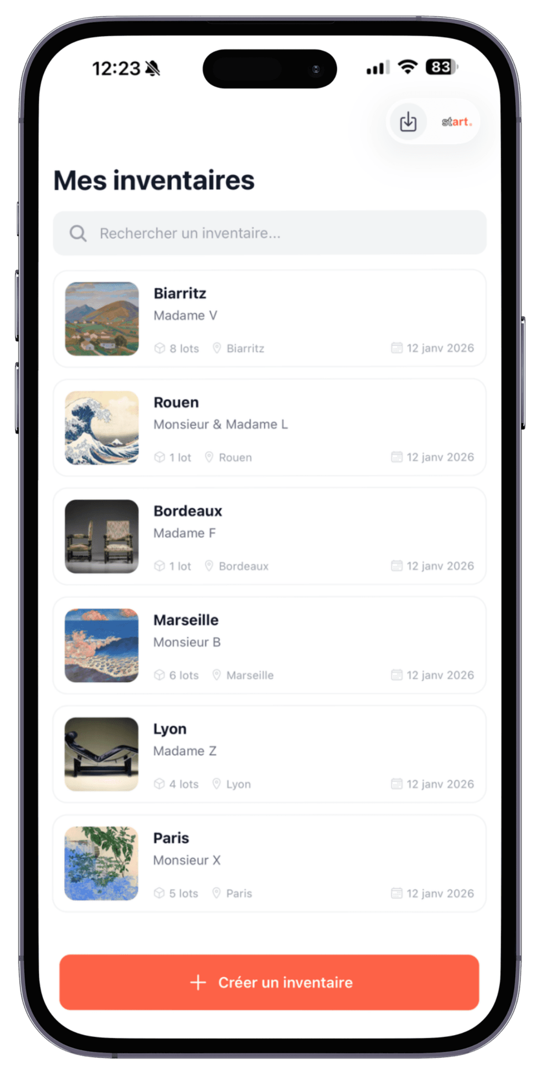 Application Start - Interface mobile